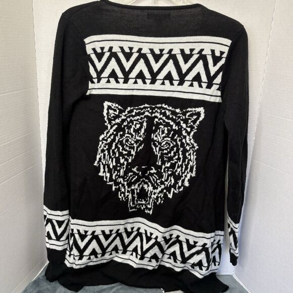 Material Girl Open Front Cardigan Black/White Aztec Tiger Women’s Size Small - Picture 4 of 7